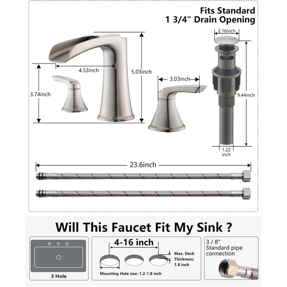 Brushed Nickel Widespread Bathroom Faucet 3 Hole Waterfall 8 Inch Sink Mixer